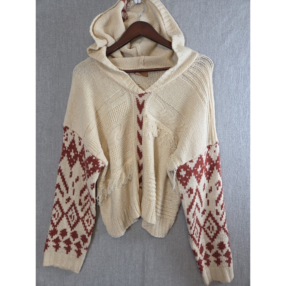 POL M Distressed Boho Oversized Hooded Sweater Aztec Western Fringe Chunky Knit
